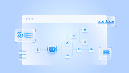 AI workflow automation artificial intelligence. ai agent workflow diagram dashboard machine learning architecture showing node input, processing flow panel, coding panel and processing flow.