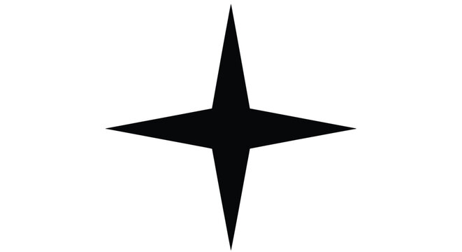 Simple stark black four-pointed geometric star shape or compass rose icon