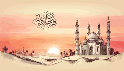 Modern Minimal Eid Mubarak Design with Mosque Outline and Watercolor Background