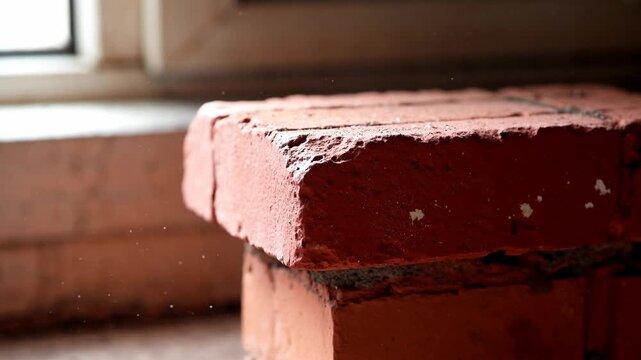 Close-up of a textured red brick resting on a windowsill, illuminated by soft natural light, highlighting its surface details and imperfections
