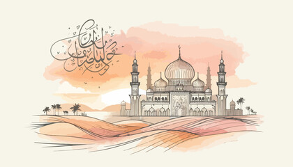 Modern Minimal Eid Mubarak Design with Mosque Outline and Watercolor Background