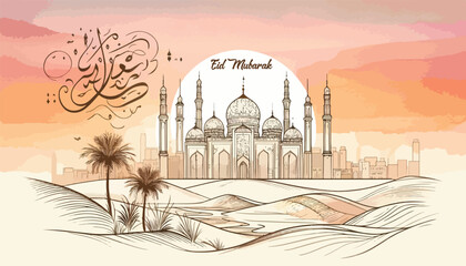 Modern Minimal Eid Mubarak Design with Mosque Outline and Watercolor Background