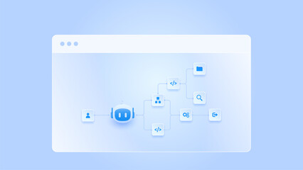 AI workflow automation artificial intelligence. ai agent workflow diagram dashboard machine learning showing processing flow panel, coding panel and process flow.