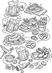 set of thematic icons of various beers in rectangular glasses and various hot and cold snacks for beer and sauces in line art style