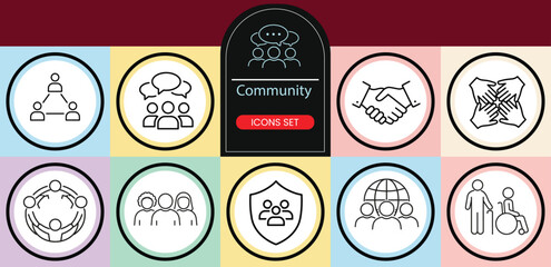 Obraz premium Society & Community Line Icons Set ? People, Cooperation, Networking Outline Vector Collection.eps