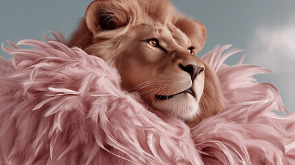 Elegant lion display. Luxurious lion showcasing glittering collar. Majestic wildcat posed amidst velvet and pastel hues with cinematic lighting
