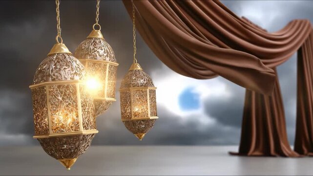 Elegant ornate golden lanterns, warm glowing light, symbolizing sacred Muslim Islamic holiday celebration, spiritual festival, cultural tradition, festive decoration, Middle Eastern ambiance