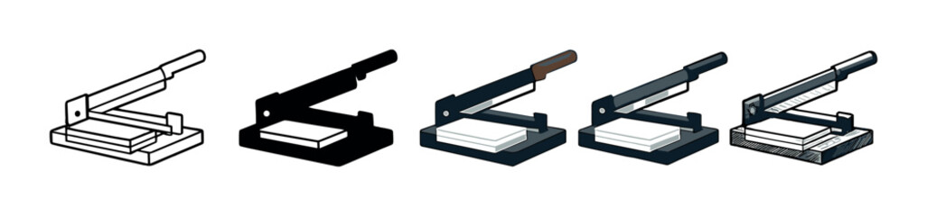 Paper cutters with lever handles shown in row on gray background