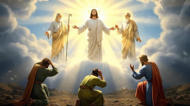 Jesus Christ, divine transfiguration, heavenly glory, spiritual revelation, biblical narrative, apostles witnessing, radiant light, sacred miraculous manifestation