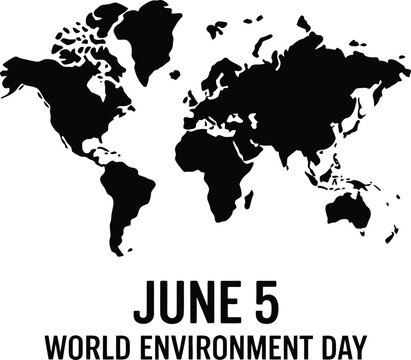World Environment Day, June 5: Typography with Bold Black World Map Silhouette for Global Ecology Awareness and Nature Conservation