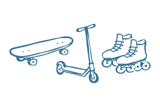 Skateboard scooter rollerskates doodle sketch vector illustration