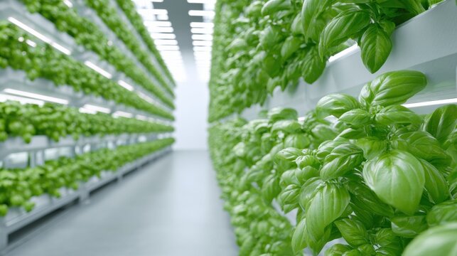 Vibrant basil leaves in harvest lane near packing area, aromatic green canopy staged for chef orders and restaurant delivery, emphasizing freshness and direct farmtotable connection.