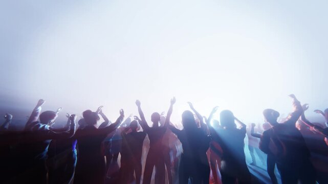 Concert crowd with arms raised in the air, enjoying the music and atmosphere.