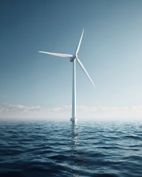 Modern wind turbine gracefully set offshore, against a clear sky, generating clean energy