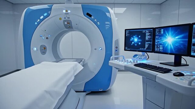 Advanced medical imaging scanner in a sterile hospital room with control