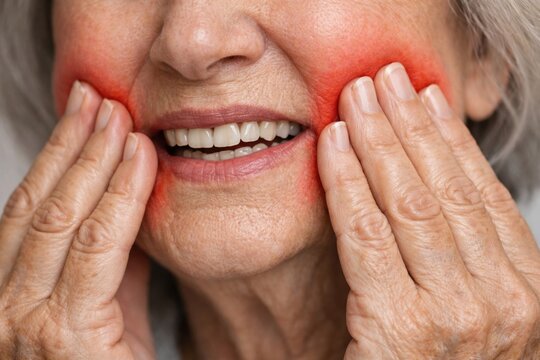 Close up of an elderly woman holding her cheeks with red glowing spots symbolizing acute toothache, gum inflammation, or sensitive teeth pain