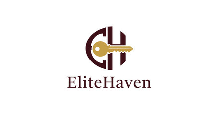 Obraz premium Gold CH Lettermark Logo Forming a Key Icon for EliteHaven, isolated white background.