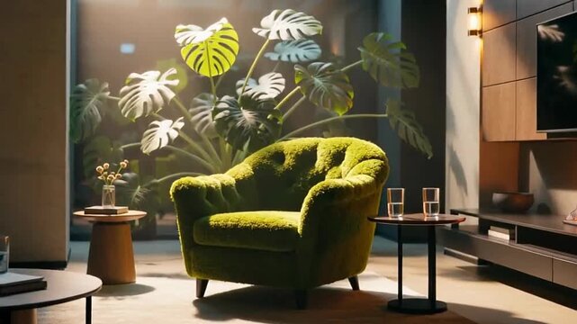 Cozy living room with a vibrant green armchair, illuminated by warm light, complemented by lush indoor plants and a fireplace