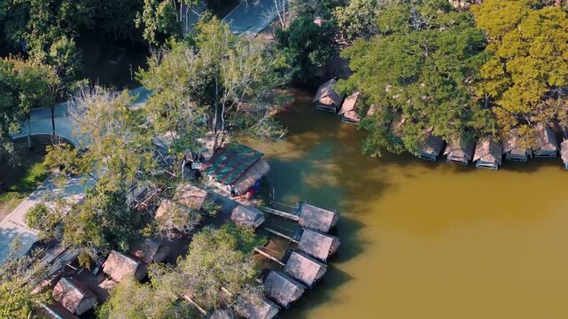 Traditional bamboo huts on Huay Tueng Thao Reservoir Chiang Mai Thailand