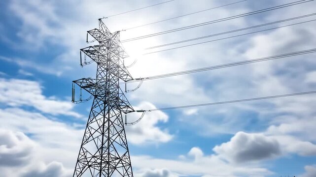 Skyward Reach: The steel skeleton of a high-voltage power pylon ascends majestically against a backdrop of clouds and sky, a testament to human engineering.