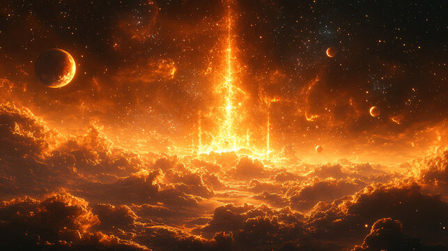 Exploding cosmic energy beam bursting through thick golden clouds with small planets in deep space