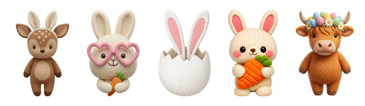 Cute Easter amigurumi animals illustration set. Handmade knitted characters: deer, bunny, cow for spring holiday design. Isolated collection on a transparent background