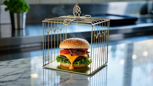 Elegant gourmet burger captured in a gold cage with steam rising, emphasizing culinary artistry and presentation