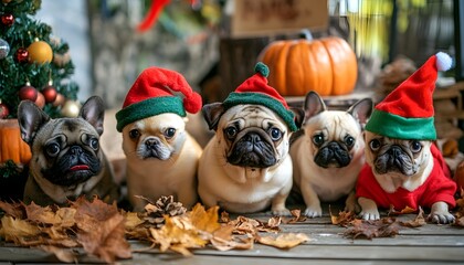 Obraz premium A playful group of adorable pugs wearing festive hats, surrounded by autumn leaves and seasonal decorations, perfect for capturing the joy of the holiday season with pets.