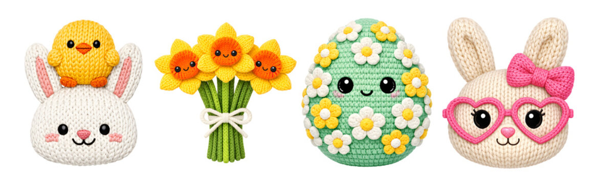Charming Easter illustration set. Collection of cute knitted characters: bunny with a chick, bunny with heart glasses, a bouquet of daffodils, and an egg with daisies