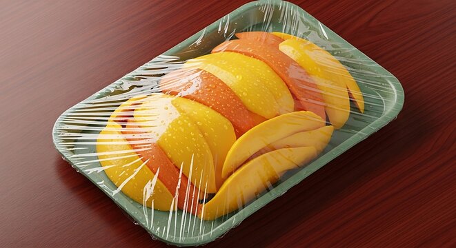 Sliced Mangoes in Plastic Wrap on a Tray.