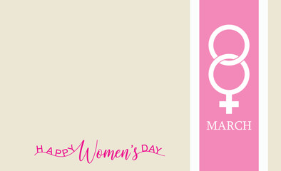 Happy women's day march 8th celebration background with feminist symbol on pink beige template for greeting card or social media post