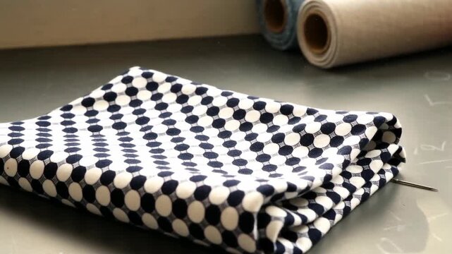 Folded fabric with navy blue polka dots on a silver table surface with rolls of uncut fabric in the background