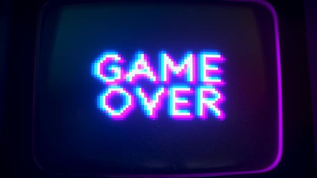 Retro gaming nostalgia: glitching game over screen on vintage tv