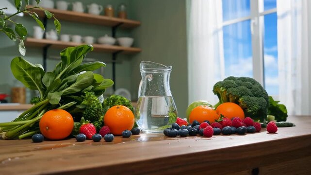 Fresh fruits and vegetables on a wooden table with a jug of water, bright sunlight streaming through the window, creating a vibrant atmosphere