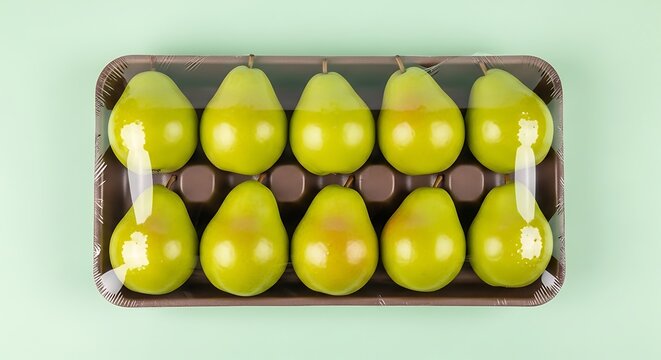 Ten Ripe Green Pears Packaged in a Plastic Tray.