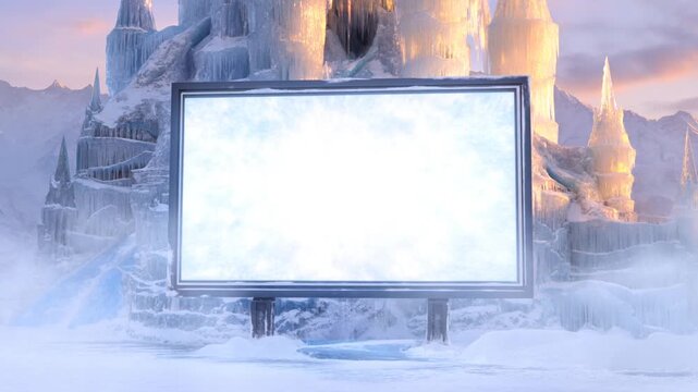 Dynamic ice explosion on outdoor screen in winter wonderland landscape