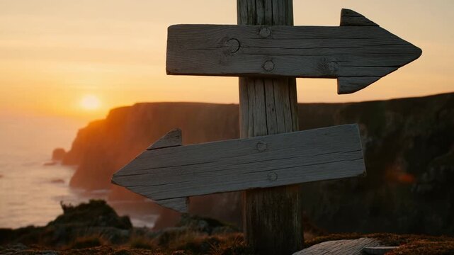 Timelapse of wooden sign with arrows pointing in opposite directions at sunset over cliffside