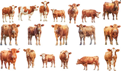 Fototapeta premium Watercolor Red Angus Cow and Calf Clipart Set