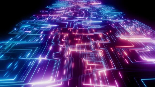 Glowing neon lines form a circuit board pattern moving forward on a dark background