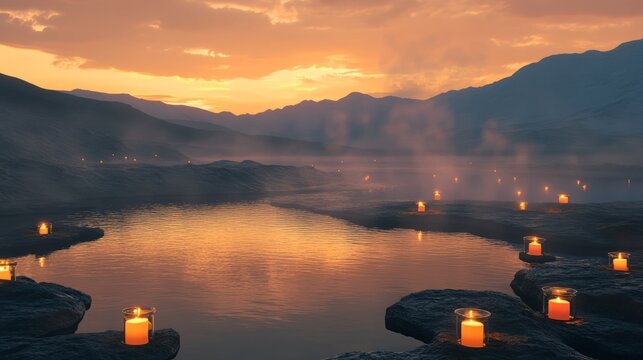Serene sunset over tranquil lake with floating candles and misty mountains