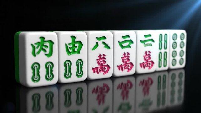 3D Rendered Mahjong Tiles with Chinese Characters on Reflective Black Background with Dramatic Lighting