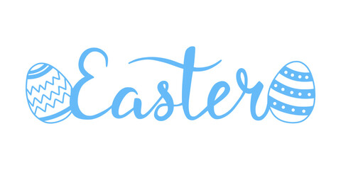 Blue Easter lettering with decorated paschal eggs. Calligraphy script font for spring holiday greeting card and seasonal design. Cute hand drawn handwritten Easter lettering. © LENNAMATS