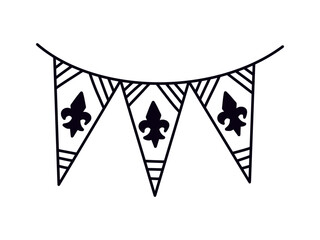 Black line art bunting garland with fleur-de-lis symbols. Festive triangular flags, pennants for party decoration and carnival events. Mardi Gras bunting flags, festive garland with Fleur De Lis. © LENNAMATS