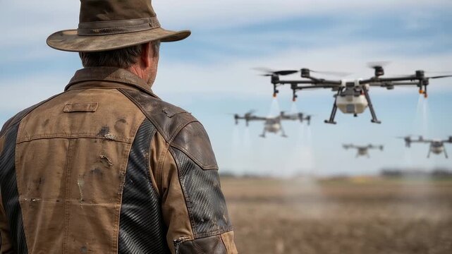 A farm worker stands in an agricultural field while multiple drones fly overhead to assist in crop management and monitoring of land. Drones are shown in motion above the crops