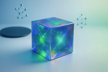 Fototapeta premium Perovskite semiconductor crystal cube with iridescent surface glowing green blue next generation post-silicon technology sustainable computing chip innovation