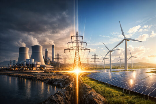 US energy policy industrial revival split landscape clean coal carbon capture vs green energy wind turbines solar arrays converging at glowing power grid nexus energy security climate debate
