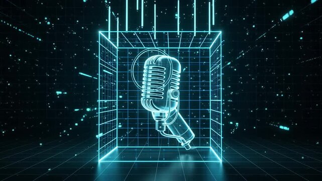 A glowing holographic microphone enclosed in a digital cube with flowing data patterns and graphic elements in dark colors