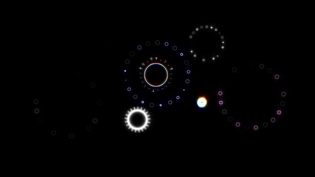 Cartoon explosion 4k circle fireworks blast animation, glowing line blasts, shiny line bursts, glowing ellipse rings, abstract spark effects, vector motion graphics overlay on black screen background