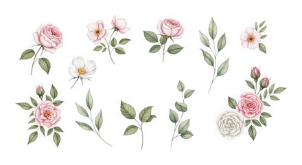 Fototapeta premium Delicate pink roses with green leaves and branches isolated on transparent background