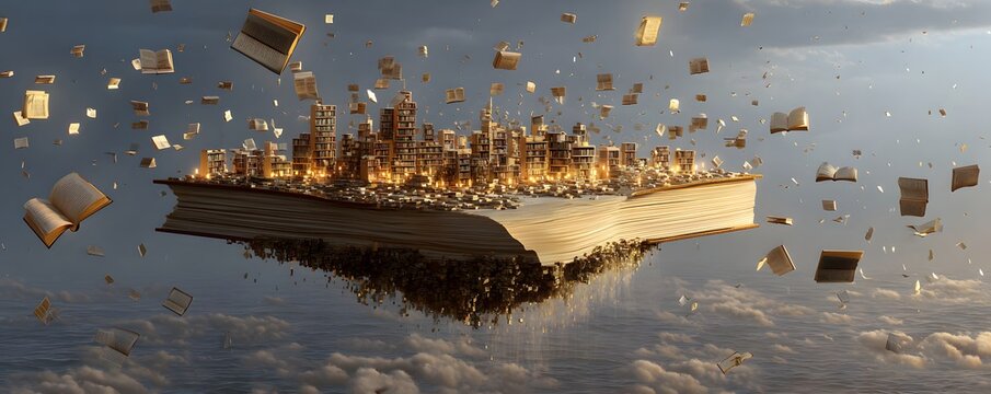 A floating library island surrounded by flying books